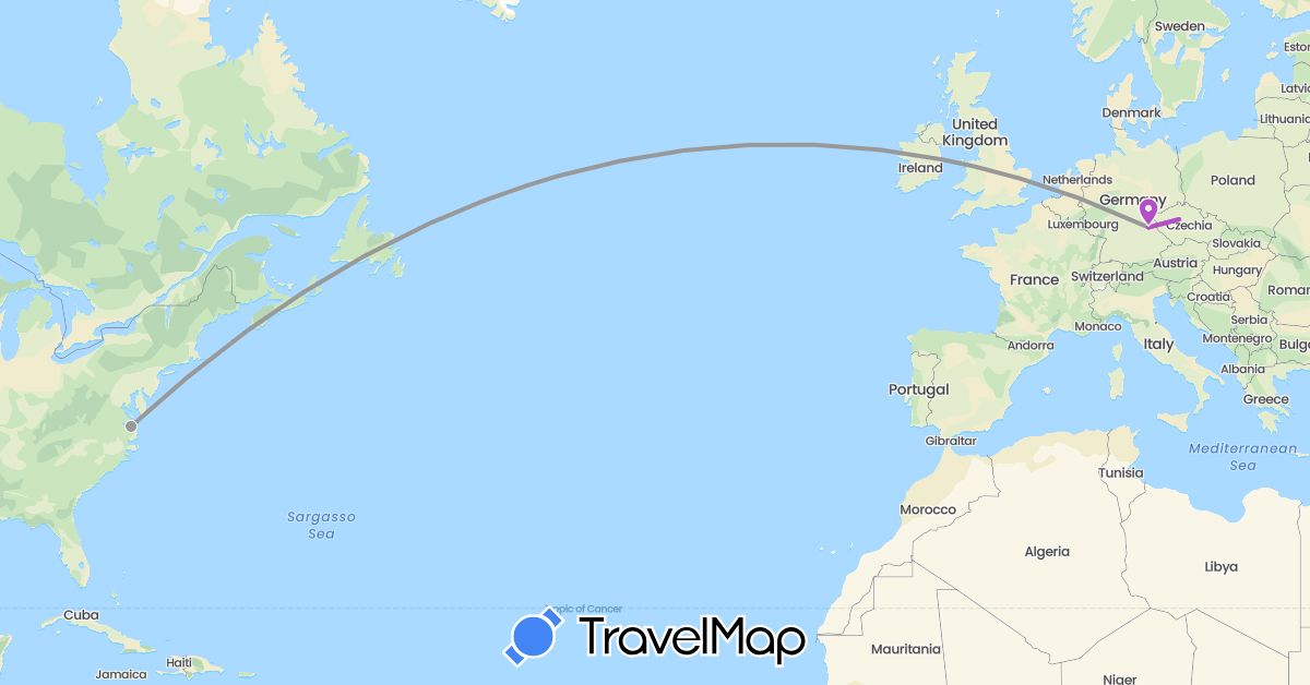 TravelMap itinerary: driving, plane, train in Czech Republic, Germany, United States (Europe, North America)
